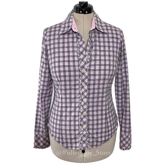 LILLY PULITZER Multicolor Plaid Long-Sleeve Ruffle Button-Front Shirt - Size 8 - Picture 1 of 16